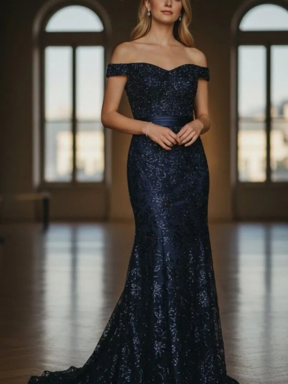 Jovani Navy Off-Shoulder Sequin Evening Gown, NWT MSRP $299 - $500